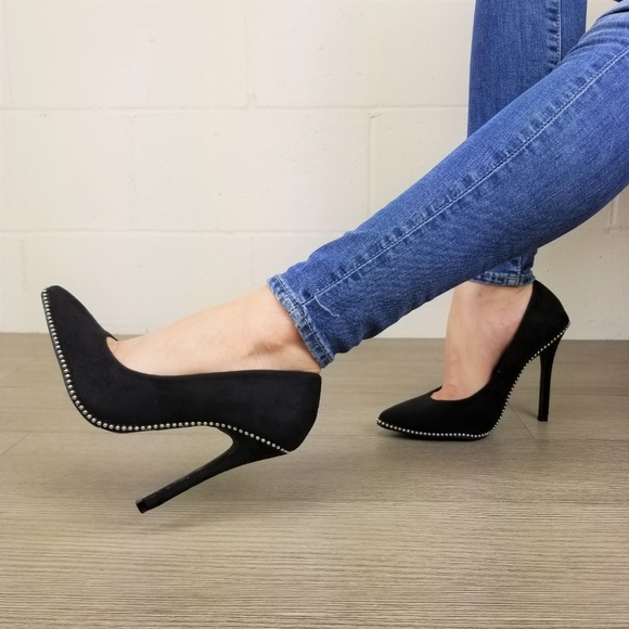 Black vegan Suede High Heel Pumps With Studs -gg - Picture 3 of 8